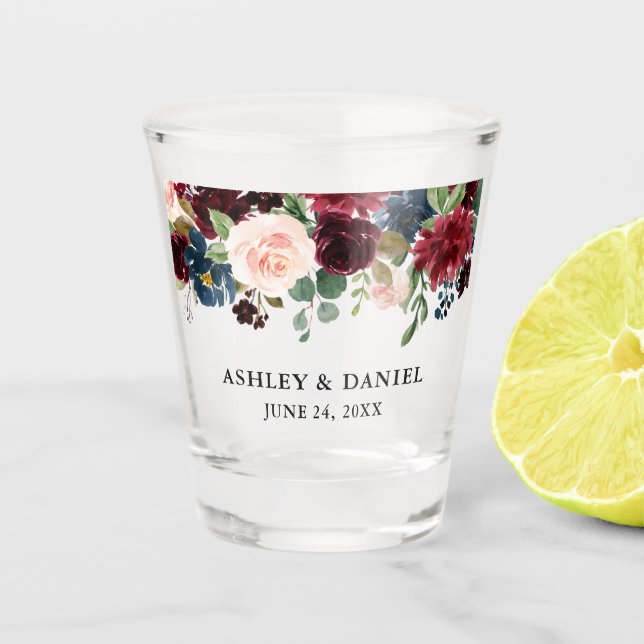 Burgundy Blue Watercolor Floral Wedding Shot Glass (Front)