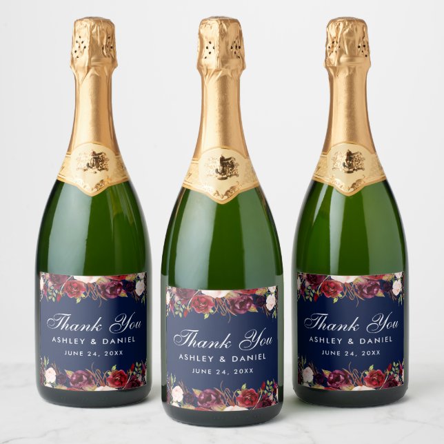 Burgundy Blue Watercolor Floral Wedding Sparkling Wine Label (Bottles)