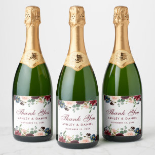 Burgundy Blue Watercolor Floral Wedding Sparkling Wine Label