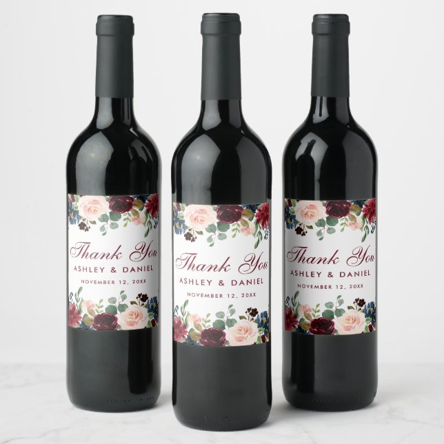 Burgundy Blue Watercolor Floral Wedding Wine Label (Bottles)
