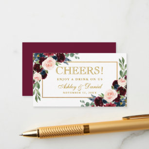 Burgundy Blue Wedding Drink Ticket Card Gold