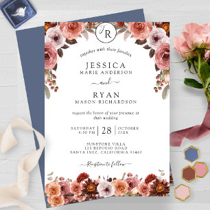 Burgundy, Blush and Blue Floral Wedding Invitation