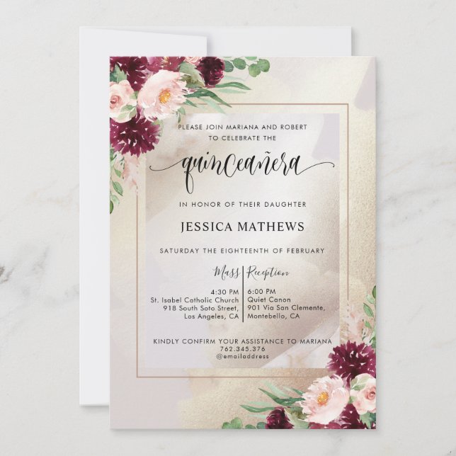 Burgundy, Blush and Champagne Floral Quinceañera Invitation (Front)