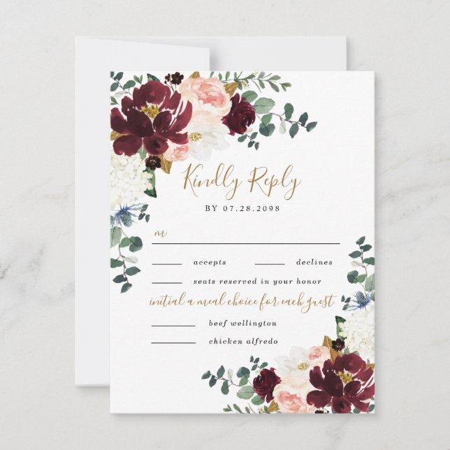 Burgundy Blush and Gold Two 2 Meal Choice Wedding  RSVP Card (Front)
