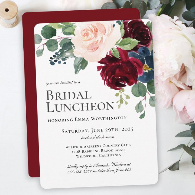 Burgundy Blush and Navy Floral Bridal Luncheon Invitation (Creator Uploaded)