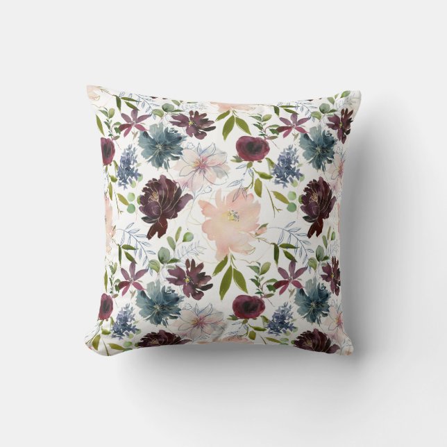 Burgundy, Blush and Navy Floral Cushion (Front)