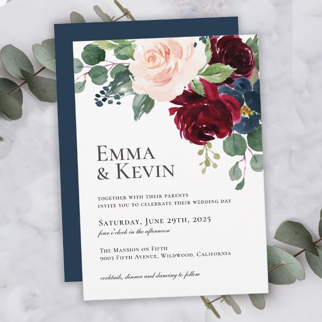 Burgundy Blush and Navy Floral Wedding Invitation (Creator Uploaded)