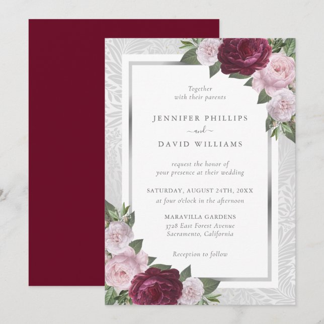 Burgundy Blush and Silver Wedding Invitations (Front/Back)