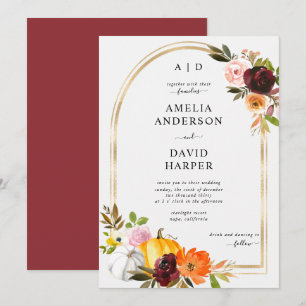 Burgundy Blush Autumn Floral Pumpkin Wedding Invitation