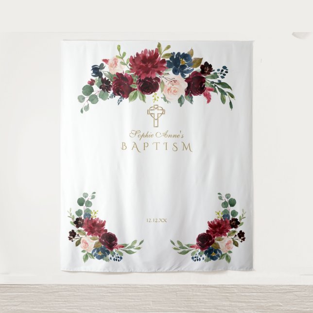 Burgundy Blush Baptism Photo Booth Backdrop Tapestry (Front)