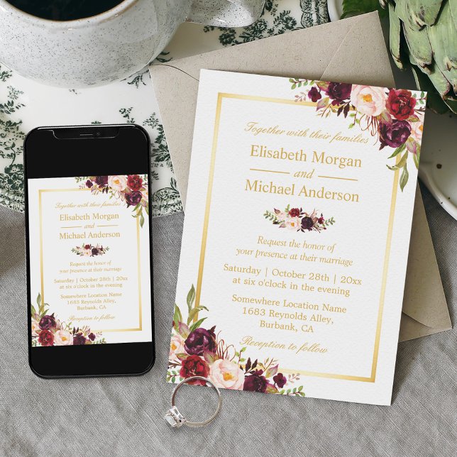 Burgundy Blush Bloom Floral Gold Frame Wedding Invitation (Creator Uploaded)