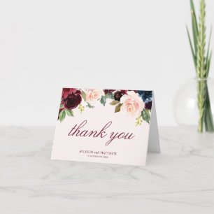 burgundy blush blooms wedding thank you card