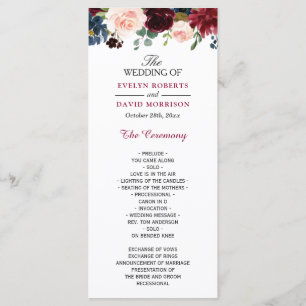 Burgundy Blush Blue Bloom Floral Wedding Program Programme