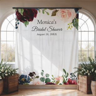 Burgundy Blush Blue Floral Bridal Shower Backdrop Tapestry