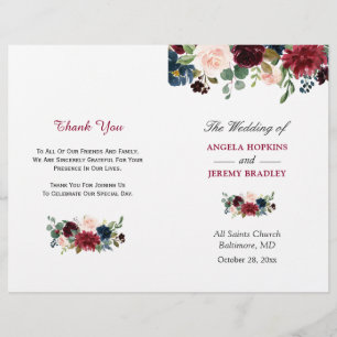 Burgundy Blush Blue Floral Folded Wedding Program