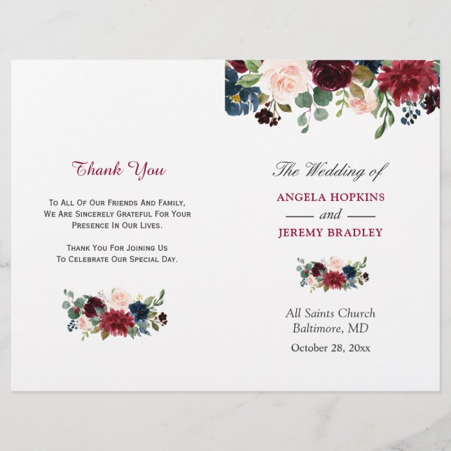 Burgundy Blush Blue Floral Folded Wedding Program (Front)