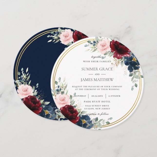 Burgundy Blush Blue Floral Gold Circle Wedding  Invitation (Front/Back)