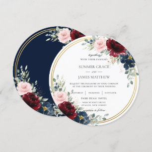 Burgundy Blush Blue Floral Gold Circle Wedding  Invitation