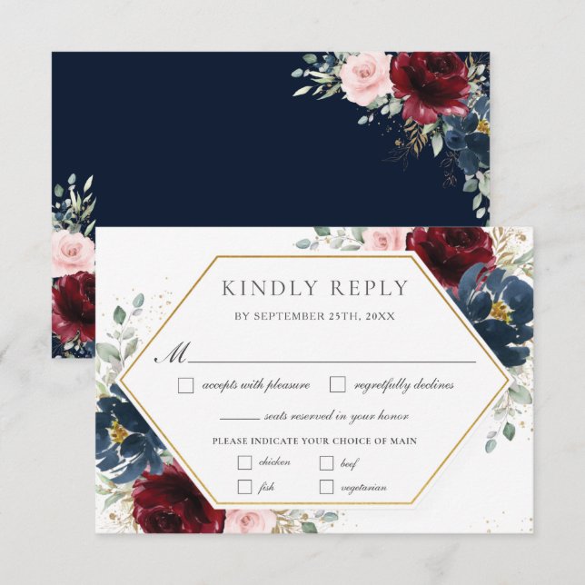 Burgundy Blush Blue Floral Greenery Wedding Meal  RSVP Card (Front/Back)