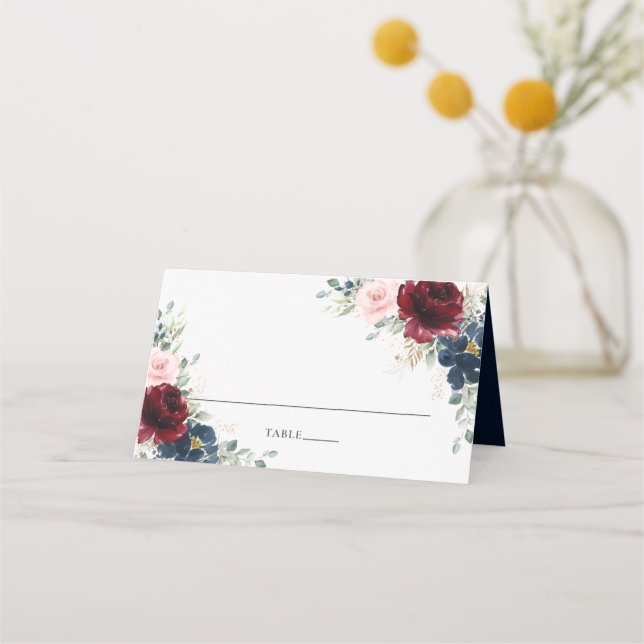 Burgundy Blush Blue Floral Wedding Guest Name    Place Card (Front)
