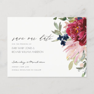 Burgundy Blush Blue Floral Wedding Save the Date Postcard