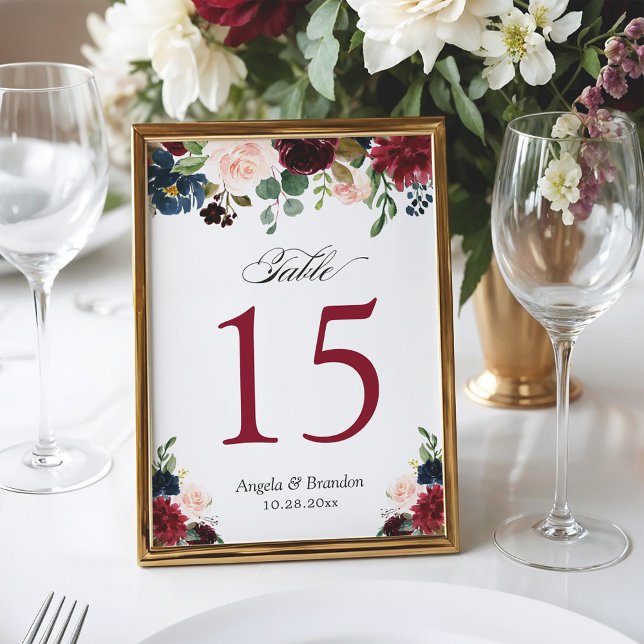 Burgundy Blush Blue Floral Wedding Table Number (Creator Uploaded)