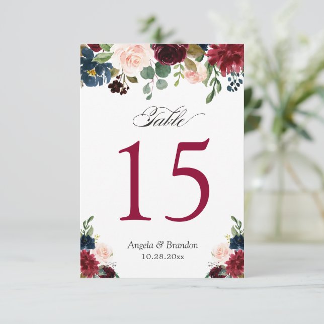 Burgundy Blush Blue Floral Wedding Table Numbers (Standing Front)