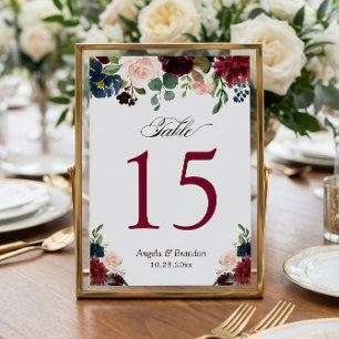Burgundy Blush Blue Floral Wedding Table Numbers