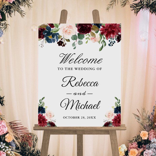Burgundy Blush Blue Floral Wedding Welcome Sign (Creator Uploaded)