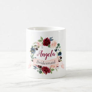 Burgundy Blush Blue Floral Wreath Bridesmaid Favou Coffee Mug