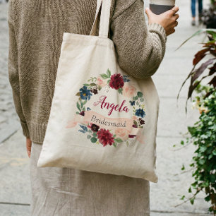 Burgundy Blush Blue Floral Wreath Bridesmaid Tote Bag