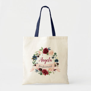 Burgundy Blush Blue Floral Wreath Bridesmaid Tote Bag