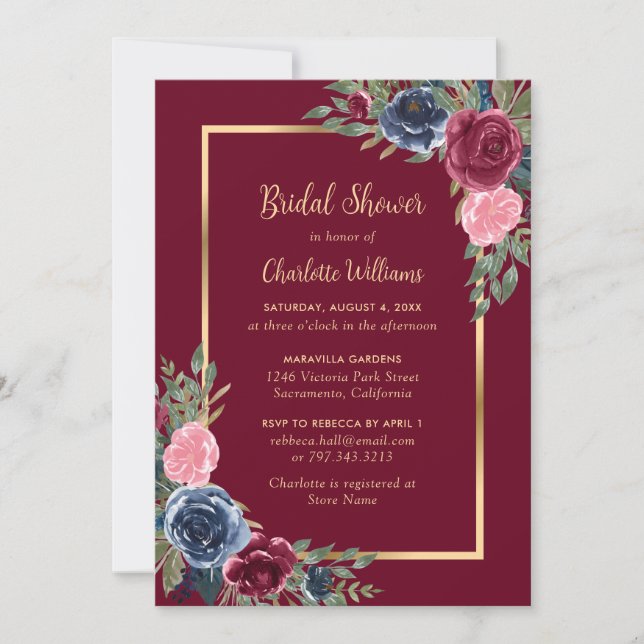 Burgundy Blush Blue Gold Floral Bridal Shower Invitation (Front)