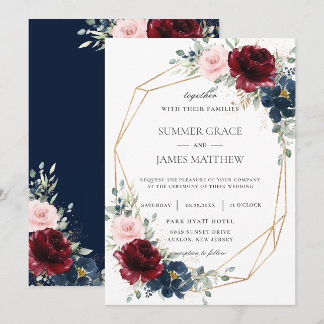 Burgundy Blush Blue Roses Floral Geometric Wedding Invitation (Front/Back)