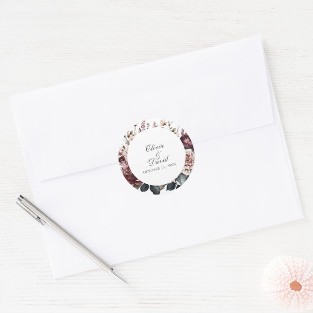 Burgundy & Blush Boho Floral Round Wedding Classic Round Sticker (Envelope)