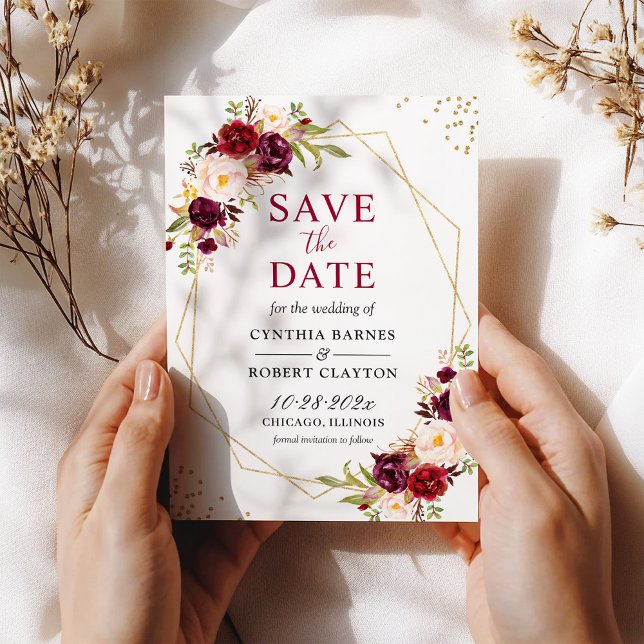 Burgundy Blush Boho Floral Trendy Gold Geometric Save The Date (Creator Uploaded)