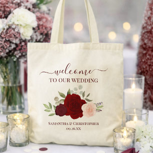 Burgundy Blush Boho Roses Elegant Wedding Welcome Tote Bag
