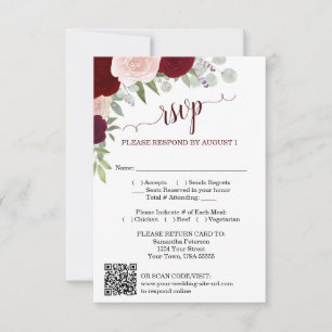 Burgundy Blush Boho Roses Wedding QR Code RSVP  Invitation