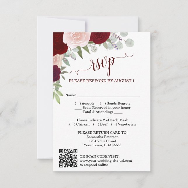 Burgundy Blush Boho Roses Wedding QR Code RSVP  Invitation (Front)