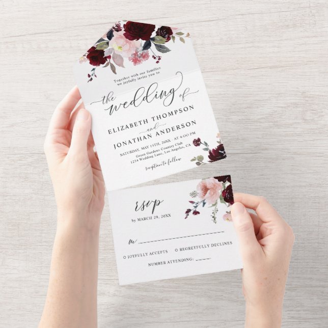 Burgundy Blush Bordo Floral Wedding Details RSVP All In One Invitation (Tearaway)