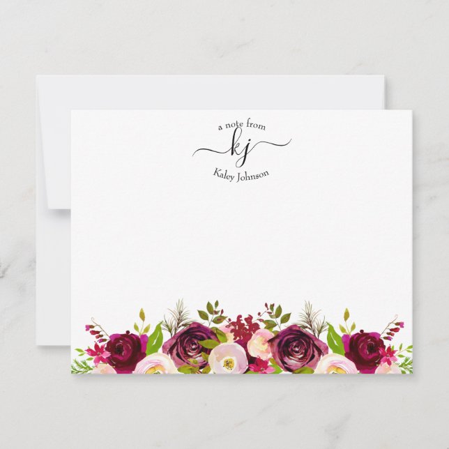 Burgundy Blush Botanical Floral Monogram Note Card (Front)