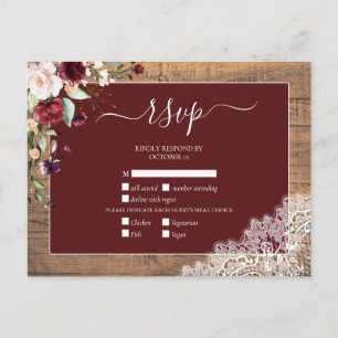 Burgundy Blush Botanical Lace Wood Wedding RSVP Invitation Postcard