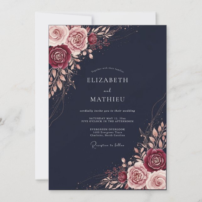 Burgundy Blush Botanical Romance Wedding Invitation (Front)