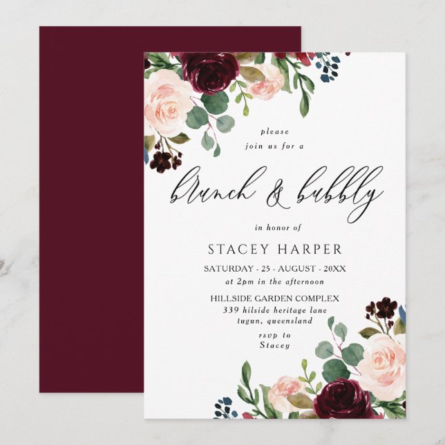 Burgundy & Blush Bridal Shower Brunch & Bubbly Invitation (Front/Back)