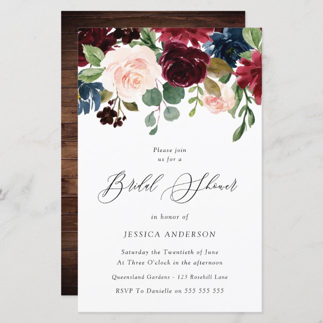 Burgundy Blush Budget Bridal Shower Invitation (Front/Back)