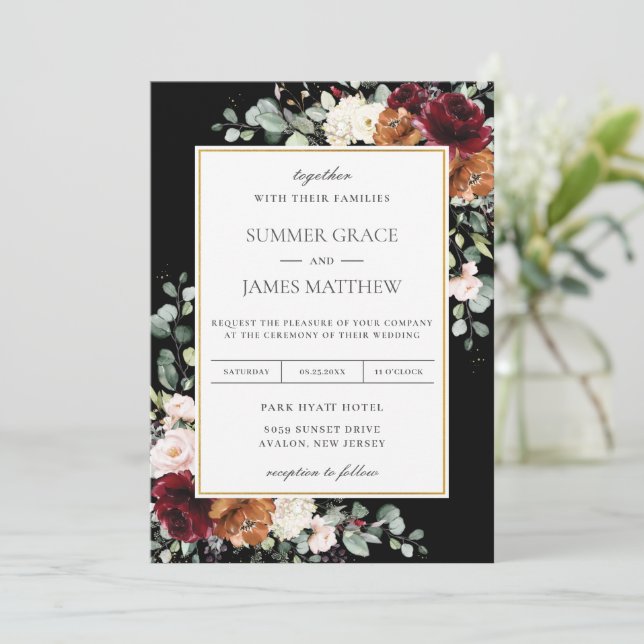 Burgundy Blush Burnt Orange Ivory Floral Wedding  Invitation (Standing Front)