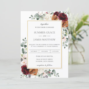 Burgundy Blush Burnt Orange Ivory Floral Wedding Invitation