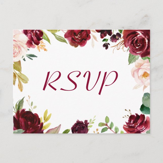 Burgundy Blush Chic Floral Wedding RSVP Response Postcard (Front)