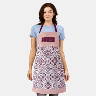 Burgundy, blush damask pattern scalloped borders apron