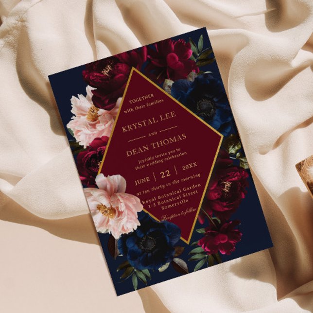 Burgundy Blush Dark Navy Blue Floral Gold Wedding Invitation (Creator Uploaded)